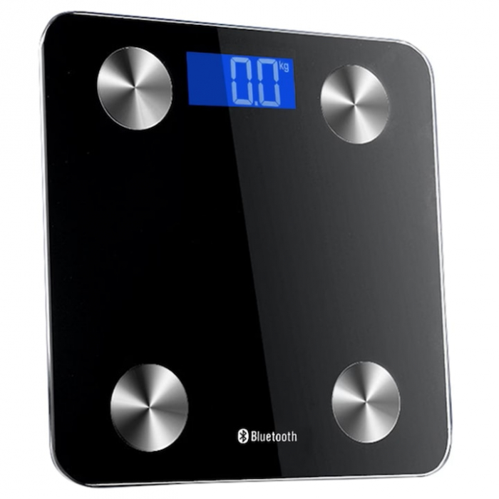Cantar Electronic Inteligent De Baie VarioShop®, Cu Aplicatie Smart, Corporal, Digital, Iluminat, Termometru, Unitati De Masura Kg/Lb/St, Baterii, Din Sticla Securizata, Maxim 180 Kg, Negru [8]