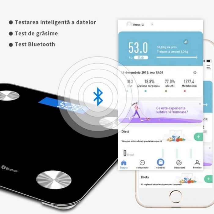 Cantar Electronic Inteligent De Baie VarioShop®, Cu Aplicatie Smart, Corporal, Digital, Iluminat, Termometru, Unitati De Masura Kg/Lb/St, Baterii, Din Sticla Securizata, Maxim 180 Kg, Negru [2]