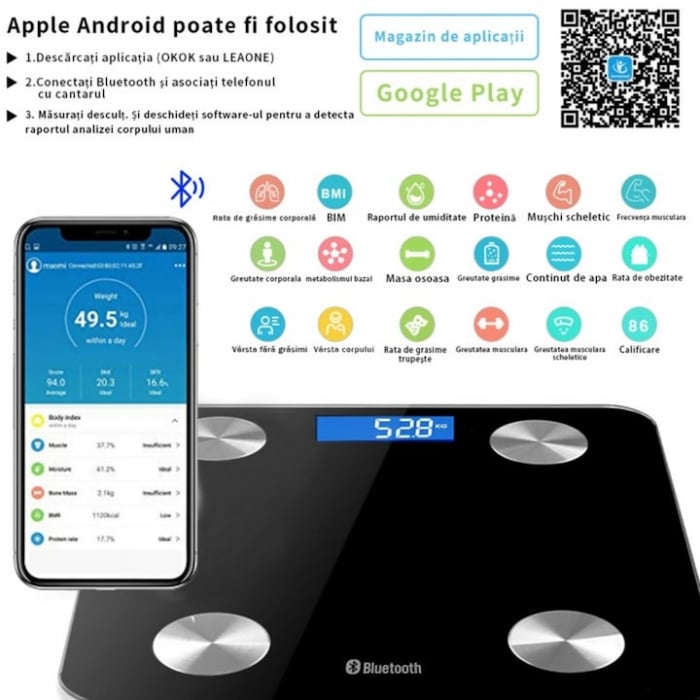 Cantar Electronic Inteligent De Baie VarioShop®, Cu Aplicatie Smart, Corporal, Digital, Iluminat, Termometru, Unitati De Masura Kg/Lb/St, Baterii, Din Sticla Securizata, Maxim 180 Kg, Negru [4]