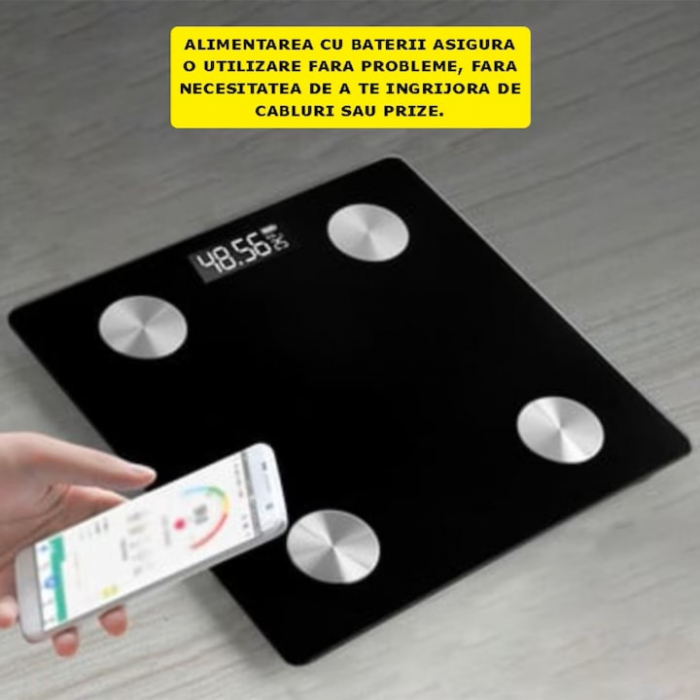 Cantar Electronic Inteligent De Baie VarioShop®, Cu Aplicatie Smart, Corporal, Digital, Iluminat, Termometru, Unitati De Masura Kg/Lb/St, Baterii, Din Sticla Securizata, Maxim 180 Kg, Negru [9]