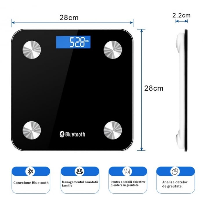 Cantar Electronic Inteligent De Baie VarioShop®, Cu Aplicatie Smart, Corporal, Digital, Iluminat, Termometru, Unitati De Masura Kg/Lb/St, Baterii, Din Sticla Securizata, Maxim 180 Kg, Negru [6]