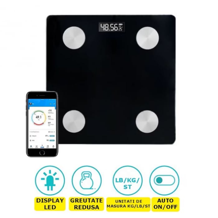 Cantar Electronic Inteligent De Baie VarioShop®, Cu Aplicatie Smart, Corporal, Digital, Iluminat, Termometru, Unitati De Masura Kg/Lb/St, Baterii, Din Sticla Securizata, Maxim 180 Kg, Negru [3]