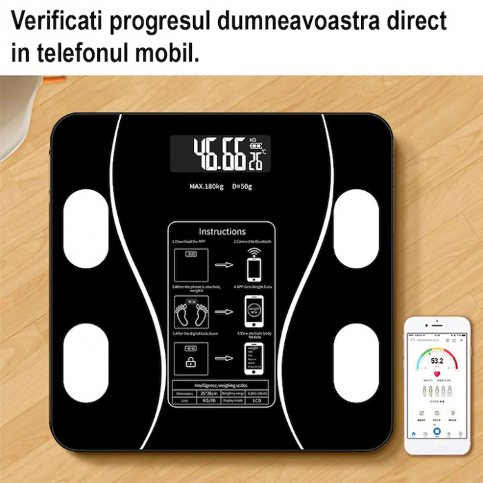 Cantar Electronic Inteligent De Baie VarioShop® Cu Aplicatie Smart, Corporal, Ecran Digital Iluminat, Termometru, Suporta Maxim 180 Kg, Baterii, Negru [19]