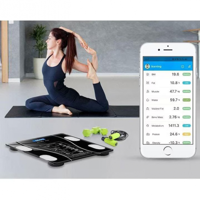 Cantar Electronic Inteligent De Baie VarioShop® Cu Aplicatie Smart, Corporal, Ecran Digital Iluminat, Termometru, Suporta Maxim 180 Kg, Baterii, Negru [18]