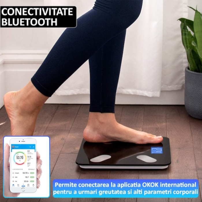 Cantar Smart electronic VarioShop® cu Bluetooth, analiza corporala completa 17 parametri, afisaj digital iluminat KG/LB/temperatura/nivel baterie, design slim, greutate maxima 180 kg, negru [5]
