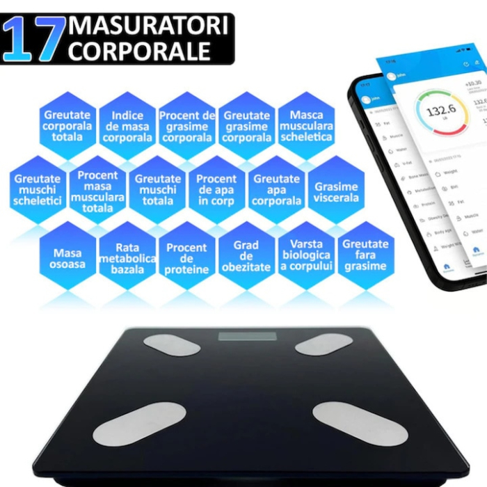 Cantar Smart electronic VarioShop® cu Bluetooth, analiza corporala completa 17 parametri, afisaj digital iluminat KG/LB/temperatura/nivel baterie, design slim, greutate maxima 180 kg, negru [4]
