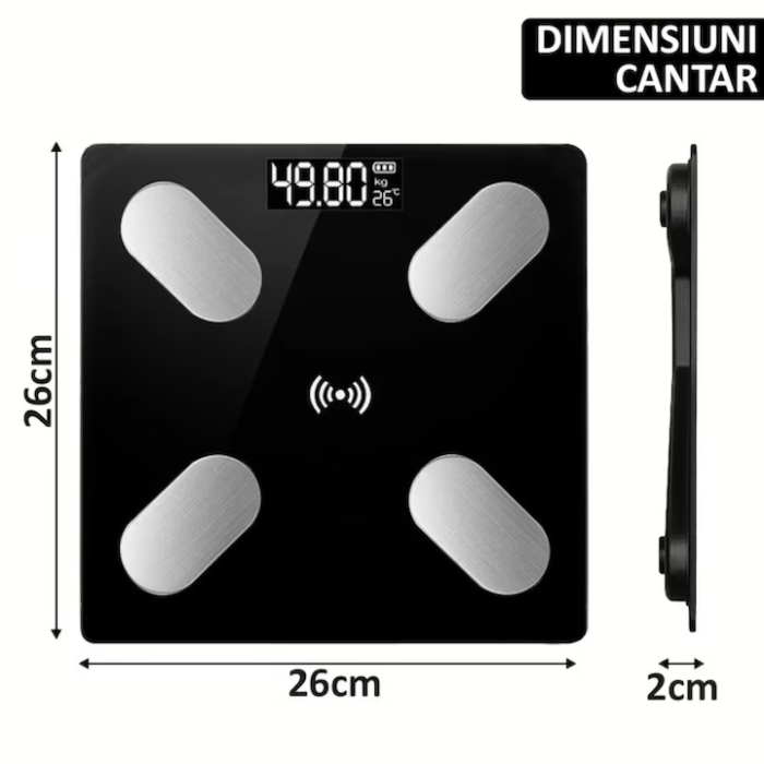 Cantar Smart electronic VarioShop® cu Bluetooth, analiza corporala completa 17 parametri, afisaj digital iluminat KG/LB/temperatura/nivel baterie, design slim, greutate maxima 180 kg, negru [6]