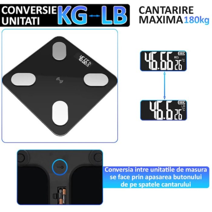 Cantar Smart electronic VarioShop® cu Bluetooth, analiza corporala completa 17 parametri, afisaj digital iluminat KG/LB/temperatura/nivel baterie, design slim, greutate maxima 180 kg, negru [3]