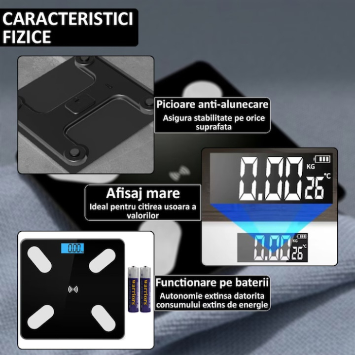 Cantar Smart electronic VarioShop® cu Bluetooth, analiza corporala completa 17 parametri, afisaj digital iluminat KG/LB/temperatura/nivel baterie, design slim, greutate maxima 180 kg, negru [7]