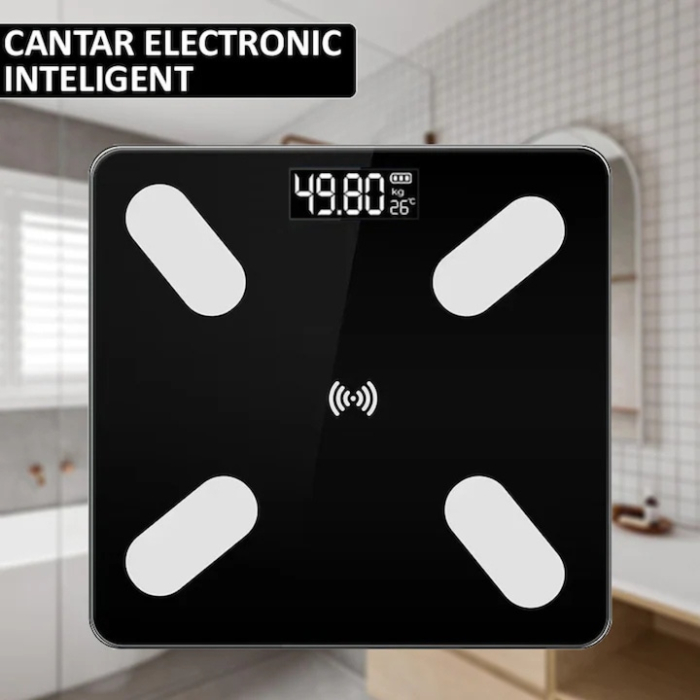 Cantar Smart electronic VarioShop® cu Bluetooth, analiza corporala completa 17 parametri, afisaj digital iluminat KG/LB/temperatura/nivel baterie, design slim, greutate maxima 180 kg, negru [2]