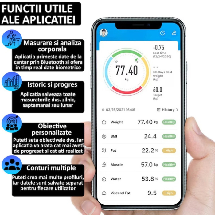 Cantar Smart electronic VarioShop® cu Bluetooth, analiza corporala completa 17 parametri, afisaj digital iluminat KG/LB/temperatura/nivel baterie, design slim, greutate maxima 180 kg, negru [11]