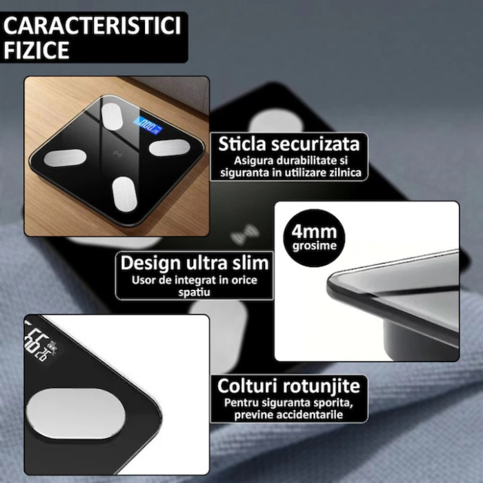 Cantar Smart electronic VarioShop® cu Bluetooth, analiza corporala completa 17 parametri, afisaj digital iluminat KG/LB/temperatura/nivel baterie, design slim, greutate maxima 180 kg, negru [9]