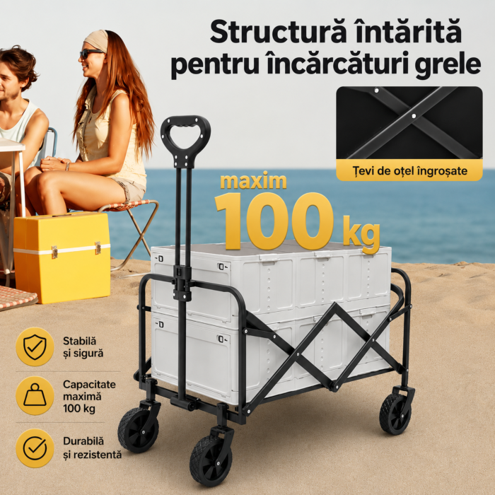Carucior pliabil transport VarioShop®, pentru plaja, camping si cumparaturi, cos incapator impermeabil, capacitate 100 L, sarcina 100 kg, negru [3]