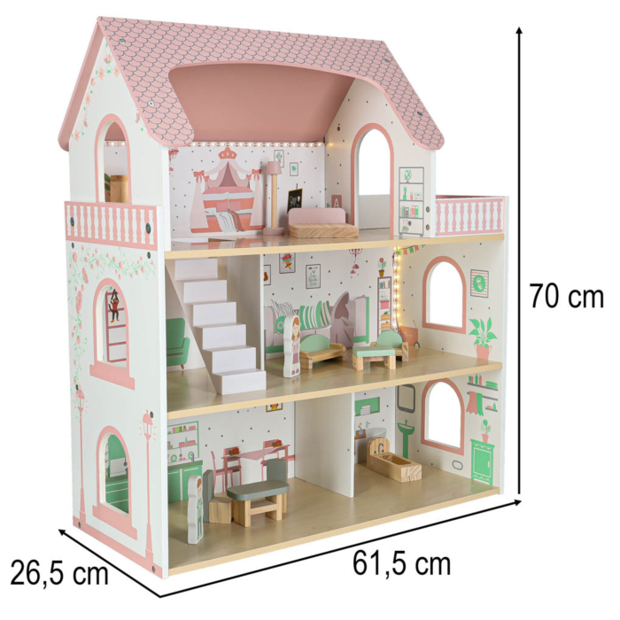 Casa de papusi  VarioShop® 70 cm din lemn cu LED si balcon, set complet cu mobilier si figurine, jucarie educativa pentru copii 3+ [4]
