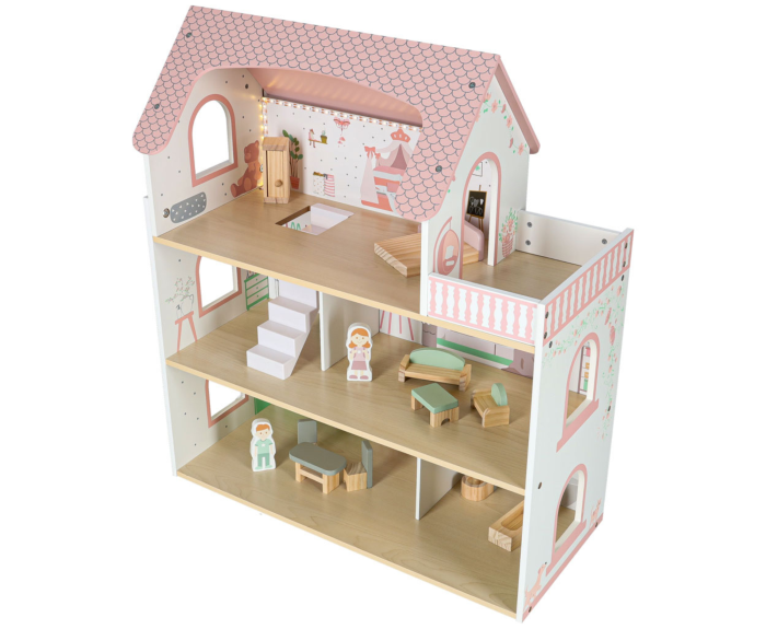 Casa de papusi  VarioShop® 70 cm din lemn cu LED si balcon, set complet cu mobilier si figurine, jucarie educativa pentru copii 3+ [2]