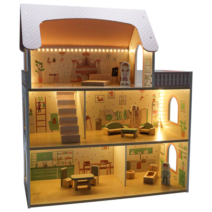 Casa de papusi  VarioShop® 70 cm din lemn cu LED si balcon, set complet cu mobilier si figurine, jucarie educativa pentru copii 3+ [8]