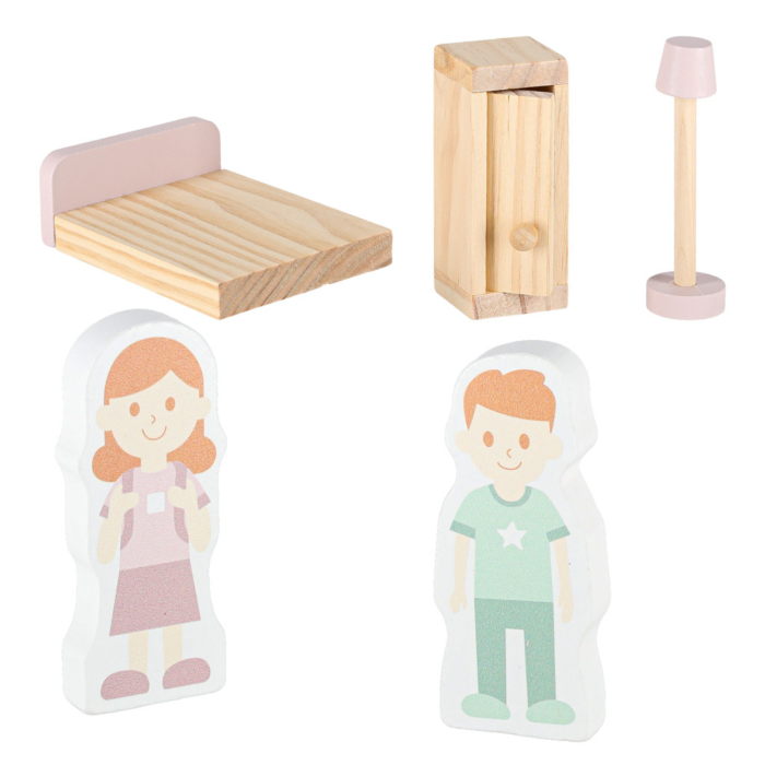 Casa de papusi  VarioShop® 70 cm din lemn cu LED si balcon, set complet cu mobilier si figurine, jucarie educativa pentru copii 3+ [6]