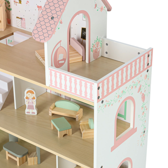 Casa de papusi  VarioShop® 70 cm din lemn cu LED si balcon, set complet cu mobilier si figurine, jucarie educativa pentru copii 3+ [5]