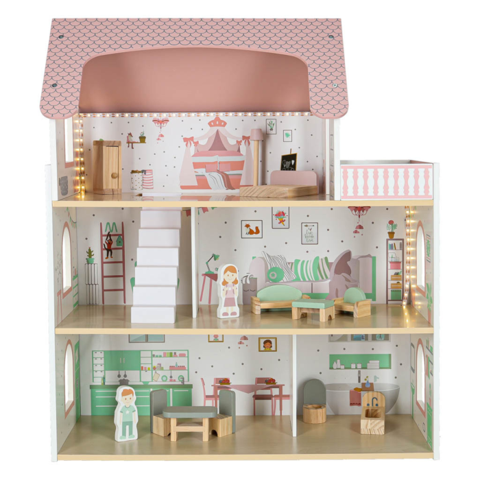 Casa de papusi  VarioShop® 70 cm din lemn cu LED si balcon, set complet cu mobilier si figurine, jucarie educativa pentru copii 3+ [9]