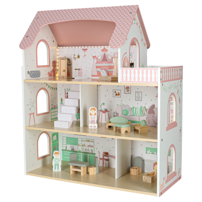 Casa de papusi  VarioShop® 70 cm din lemn cu LED si balcon, set complet cu mobilier si figurine, jucarie educativa pentru copii 3+ [10]
