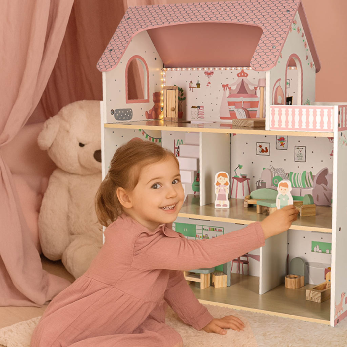 Casa de papusi  VarioShop® 70 cm din lemn cu LED si balcon, set complet cu mobilier si figurine, jucarie educativa pentru copii 3+ [3]