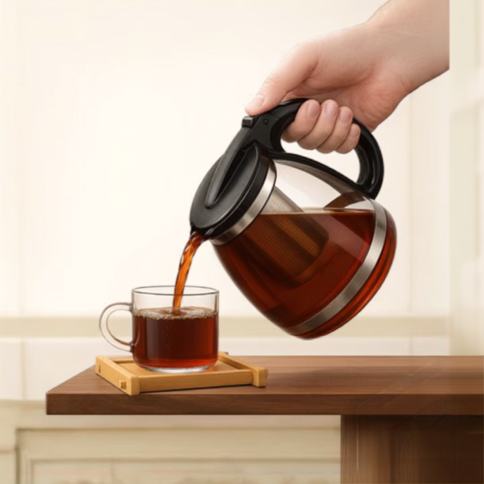 Ceainic de sticla cu infuzor VarioShop®, pentru ceai, cafea si bauturi din plante, capacitate 2 L, sticla rezistenta la socuri termice, 22 x 16 x 15 cm, transparent/negru [7]