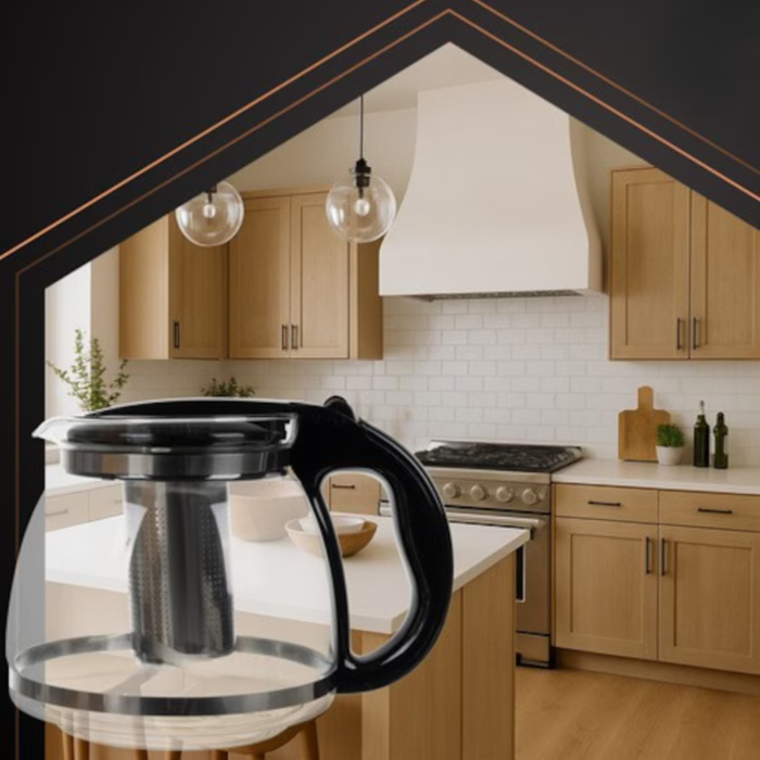 Ceainic de sticla cu infuzor VarioShop®, pentru ceai, cafea si bauturi din plante, capacitate 2 L, sticla rezistenta la socuri termice, 22 x 16 x 15 cm, transparent/negru [9]