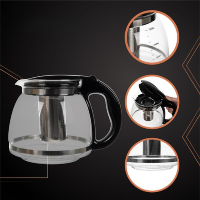 Ceainic de sticla cu infuzor VarioShop®, pentru ceai, cafea si bauturi din plante, capacitate 2 L, sticla rezistenta la socuri termice, 22 x 16 x 15 cm, transparent/negru [6]