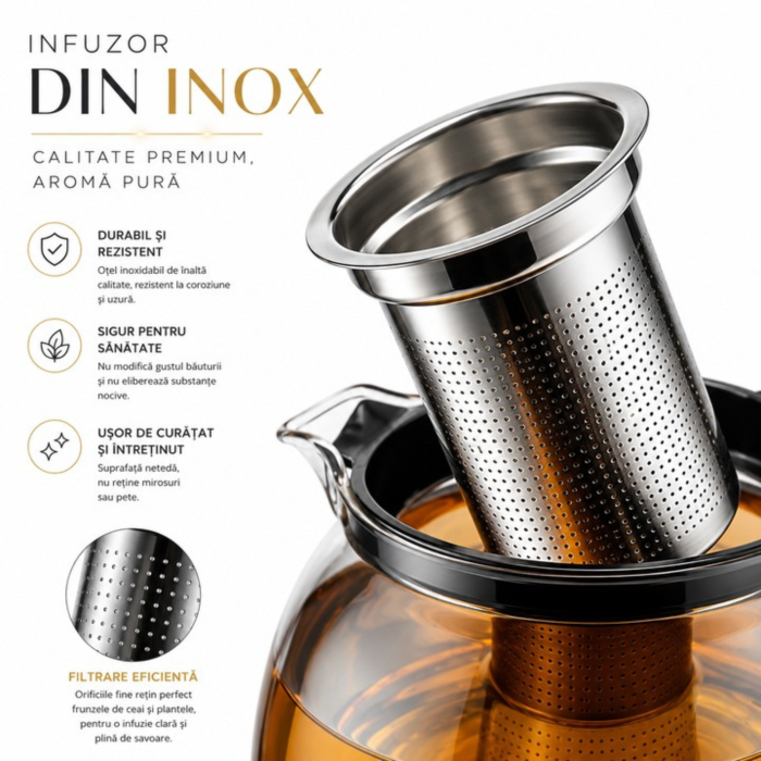 Ceainic de sticla cu infuzor VarioShop®, pentru ceai, cafea si bauturi din plante, capacitate 2 L, sticla rezistenta la socuri termice, 22 x 16 x 15 cm, transparent/negru [5]