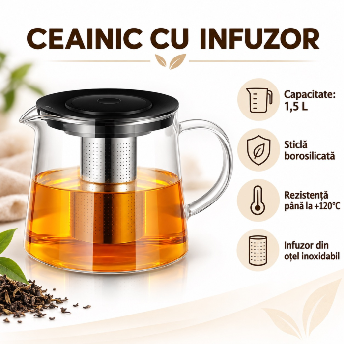 Ceainic de sticla VarioShop®, cu infuzor detasabil din otel inoxidabil, pentru ceai și cafea, capacitate 1,5L [2]