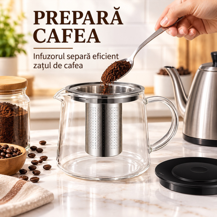 Ceainic de sticla VarioShop®, cu infuzor detasabil din otel inoxidabil, pentru ceai și cafea, capacitate 1,5L [6]