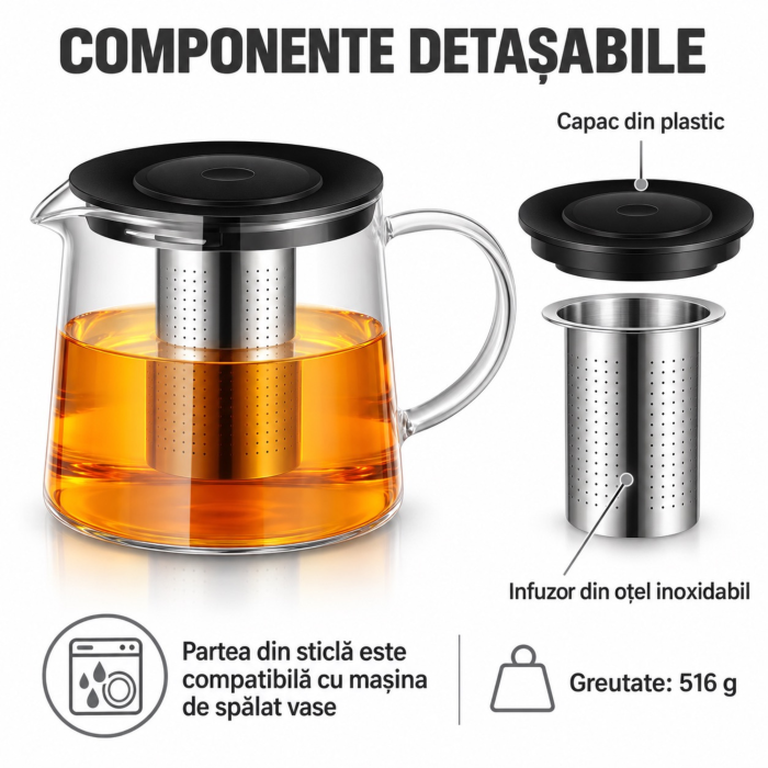 Ceainic de sticla VarioShop®, cu infuzor detasabil din otel inoxidabil, pentru ceai și cafea, capacitate 1,5L [3]