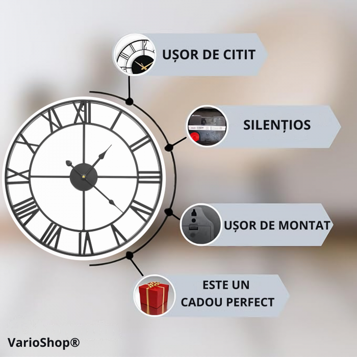 Ceas De Perete Stil Vintage VarioShop®, Din Metal, Cu Numere Romane, Mecanism Cu Secundar Silentios, Fara Ticait, Potrivite Pentru Decorarea Sufrageriei, Diametru 47, 5 cm, Negru [17]