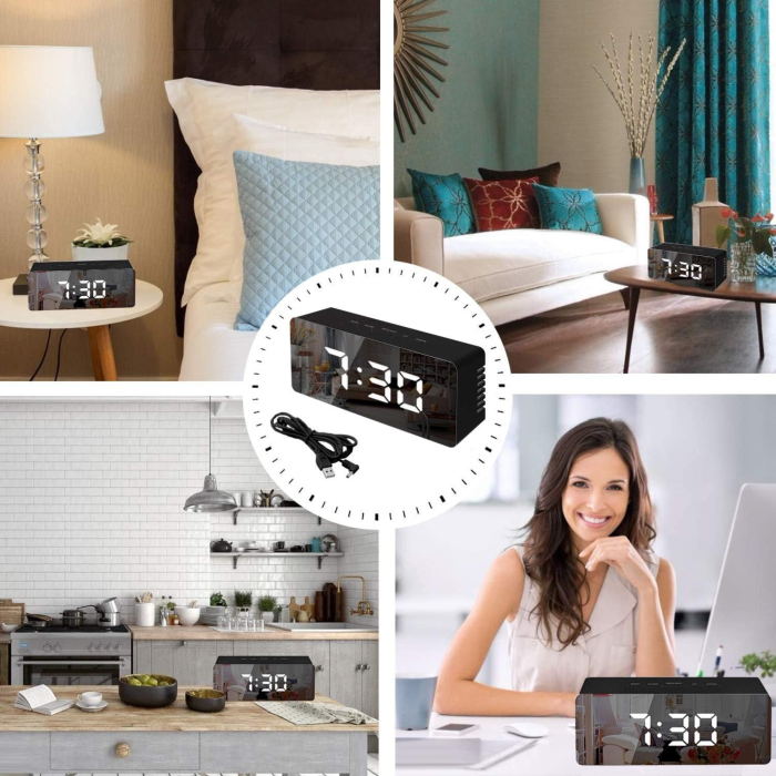 Ceas digital cu LED tip oglinda VarioShop®, Afisare Data, Ora, Temperatura, Alarma, Format Orar 12/24 ore, Reglarea Luminozitatii, Alimentare USB sau 3 x Baterii AAA, 14 x 6 x 3.5 cm Negru [8]