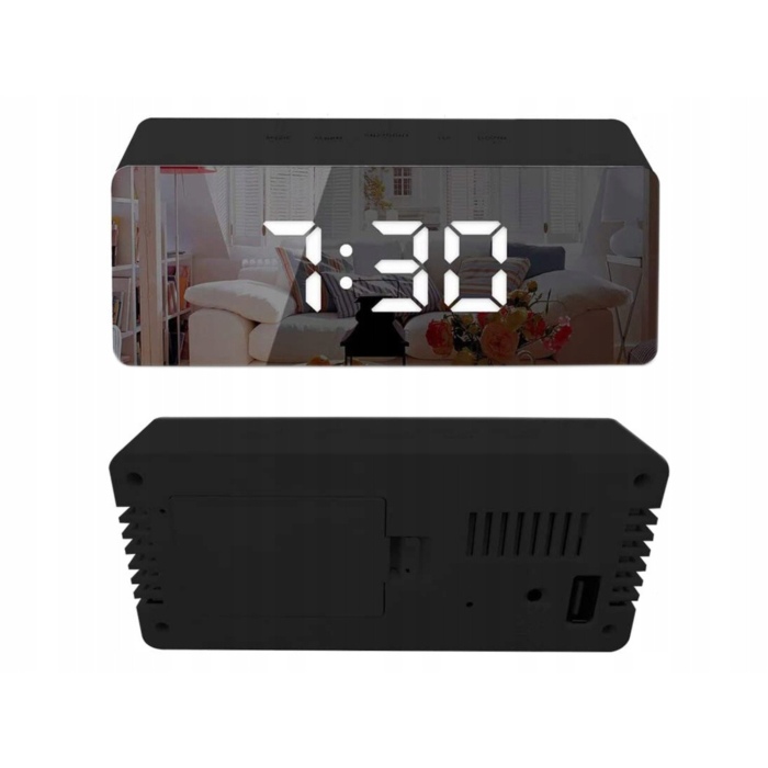 Ceas digital cu LED tip oglinda VarioShop®, Afisare Data, Ora, Temperatura, Alarma, Format Orar 12/24 ore, Reglarea Luminozitatii, Alimentare USB sau 3 x Baterii AAA, 14 x 6 x 3.5 cm Negru [9]