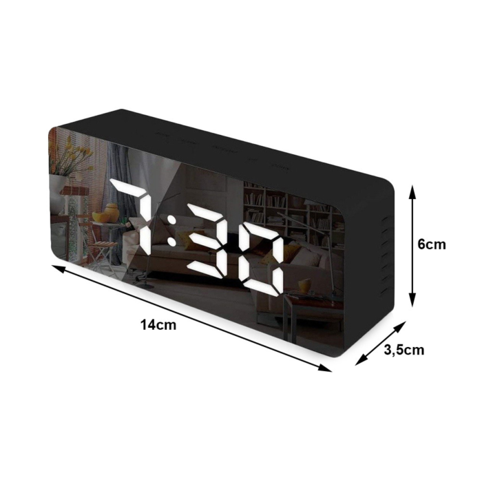 Ceas digital cu LED tip oglinda VarioShop®, Afisare Data, Ora, Temperatura, Alarma, Format Orar 12/24 ore, Reglarea Luminozitatii, Alimentare USB sau 3 x Baterii AAA, 14 x 6 x 3.5 cm Negru [12]
