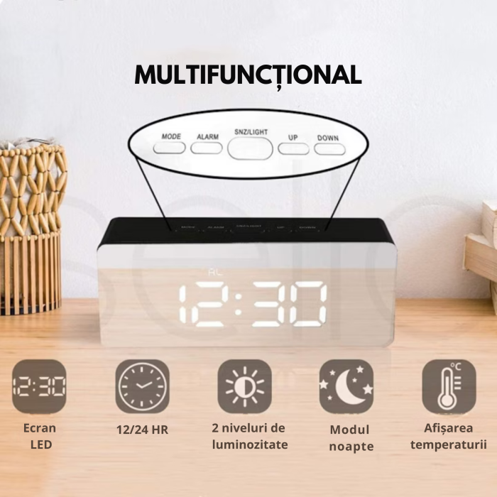 Ceas digital cu LED tip oglinda VarioShop®, Afisare Data, Ora, Temperatura, Alarma, Format Orar 12/24 ore, Reglarea Luminozitatii, Alimentare USB sau 3 x Baterii AAA, 14 x 6 x 3.5 cm Negru [5]