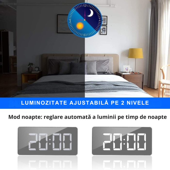 Ceas digital cu LED tip oglinda VarioShop®, Afisare Data, Ora, Temperatura, Alarma, Format Orar 12/24 ore, Reglarea Luminozitatii, Alimentare USB sau 3 x Baterii AAA, 14 x 6 x 3.5 cm Negru [2]