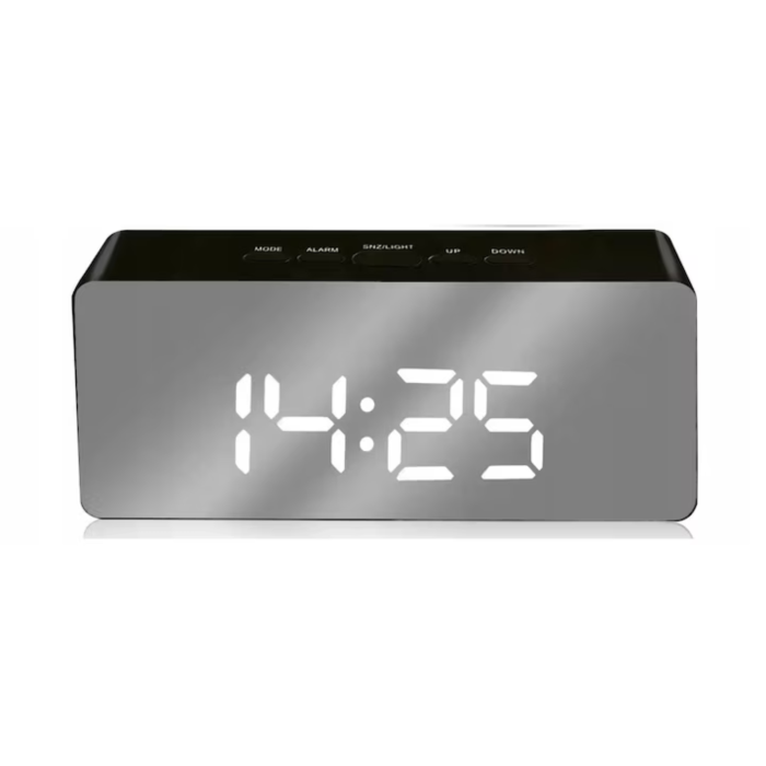 Ceas digital cu LED tip oglinda VarioShop®, Afisare Data, Ora, Temperatura, Alarma, Format Orar 12/24 ore, Reglarea Luminozitatii, Alimentare USB sau 3 x Baterii AAA, 14 x 6 x 3.5 cm Negru [1]