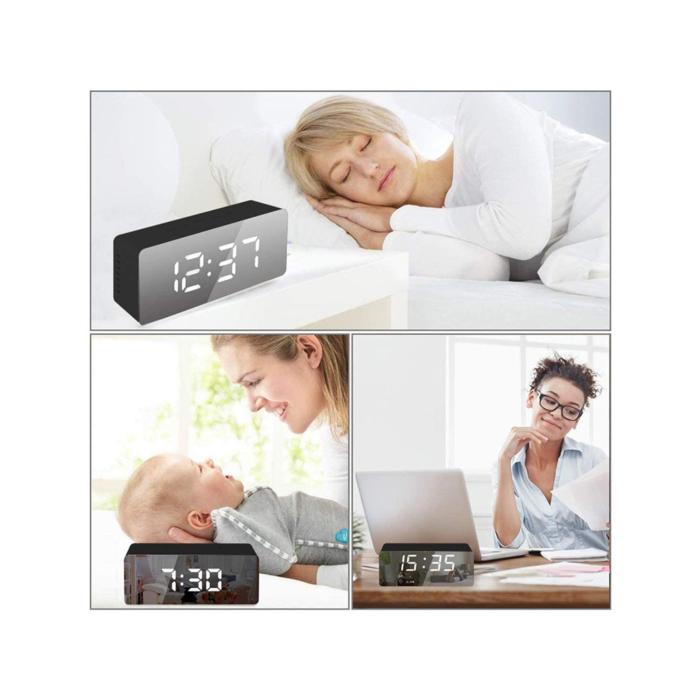 Ceas digital cu LED tip oglinda VarioShop®, Afisare Data, Ora, Temperatura, Alarma, Format Orar 12/24 ore, Reglarea Luminozitatii, Alimentare USB sau 3 x Baterii AAA, 14 x 6 x 3.5 cm Negru [7]