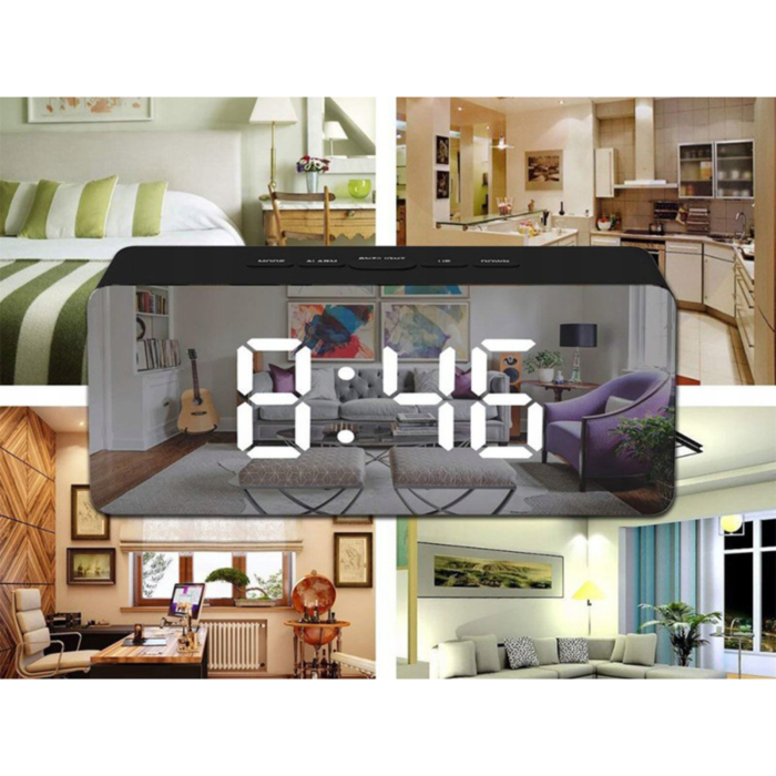 Ceas digital cu LED tip oglinda VarioShop®, Afisare Data, Ora, Temperatura, Alarma, Format Orar 12/24 ore, Reglarea Luminozitatii, Alimentare USB sau 3 x Baterii AAA, 14 x 6 x 3.5 cm Negru [10]