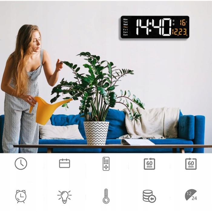 Ceas electronic LED VarioShop®, afisaj mare, afisare ora, data, zilele saptamanii si temperatura, alarma, format orar 12/24 ore, telecomanda, alimentare USB, 39 x 13 x 3 cm, negru [3]
