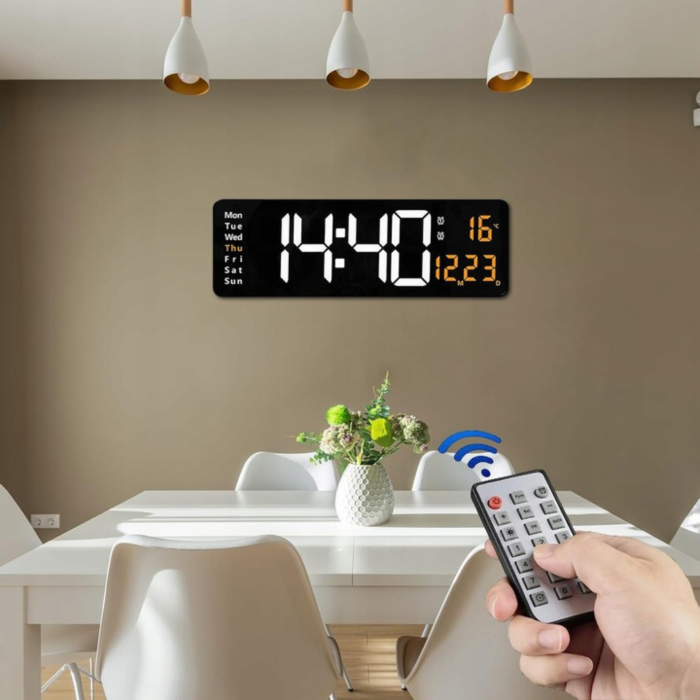 Ceas electronic LED VarioShop®, afisaj mare, afisare ora, data, zilele saptamanii si temperatura, alarma, format orar 12/24 ore, telecomanda, alimentare USB, 39 x 13 x 3 cm, negru [5]