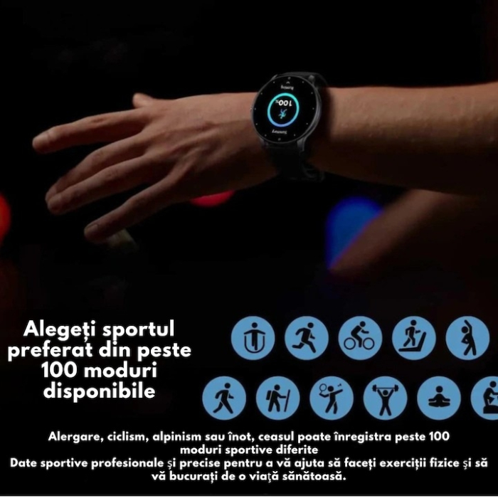 Ceas inteligent multifunctional VarioShop®, Bluetooth, ecran tactil 1.8”, apeluri si notificari, monitorizare puls, somn si oxigen, unisex, curea silicon, negru [2]