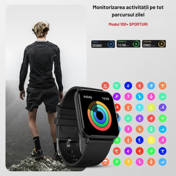 Ceas inteligent multifunctional VarioShop®, cu ecran tactil, monitorizare sanatate, 20 moduri sportive, notificari apeluri si mesaje, curea din silicon, unisex, autonomie 5-7 zile, gri [6]