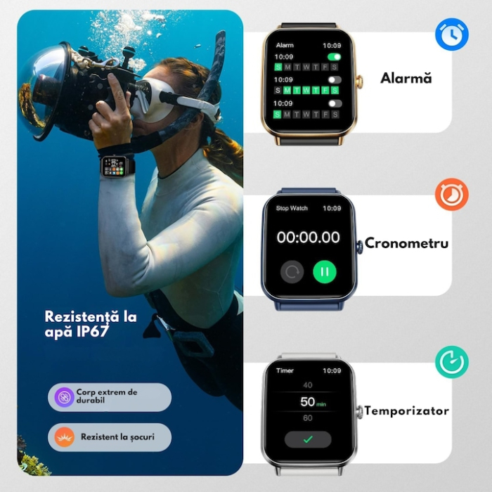 Ceas inteligent multifunctional VarioShop®, cu ecran tactil, monitorizare sanatate, 20 moduri sportive, notificari apeluri si mesaje, curea din silicon, unisex, autonomie 5-7 zile, negru [9]