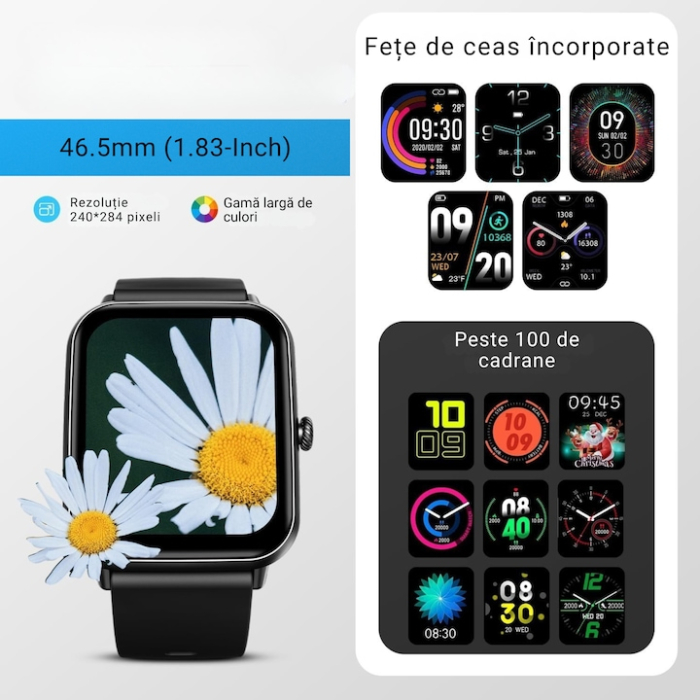 Ceas inteligent multifunctional VarioShop®, cu ecran tactil, monitorizare sanatate, 20 moduri sportive, notificari apeluri si mesaje, curea din silicon, unisex, autonomie 5-7 zile, verde [8]