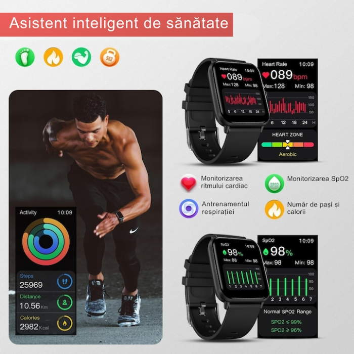 Ceas inteligent multifunctional VarioShop®, cu ecran tactil, monitorizare sanatate, 20 moduri sportive, notificari apeluri si mesaje, curea din silicon, unisex, autonomie 5-7 zile, gri [11]