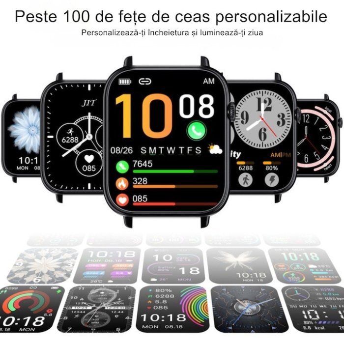 Ceas inteligent multifunctional VarioShop®, cu ecran tactil, monitorizare sanatate, 20 moduri sportive, notificari apeluri si mesaje, curea din silicon, unisex, autonomie 5-7 zile, negru [7]