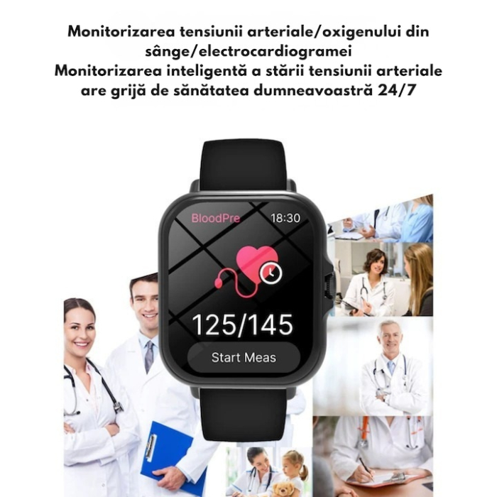 Ceas inteligent multifunctional VarioShop®, cu ecran tactil, monitorizare sanatate, 20 moduri sportive, notificari apeluri si mesaje, curea din silicon, unisex, autonomie 5-7 zile, negru [11]